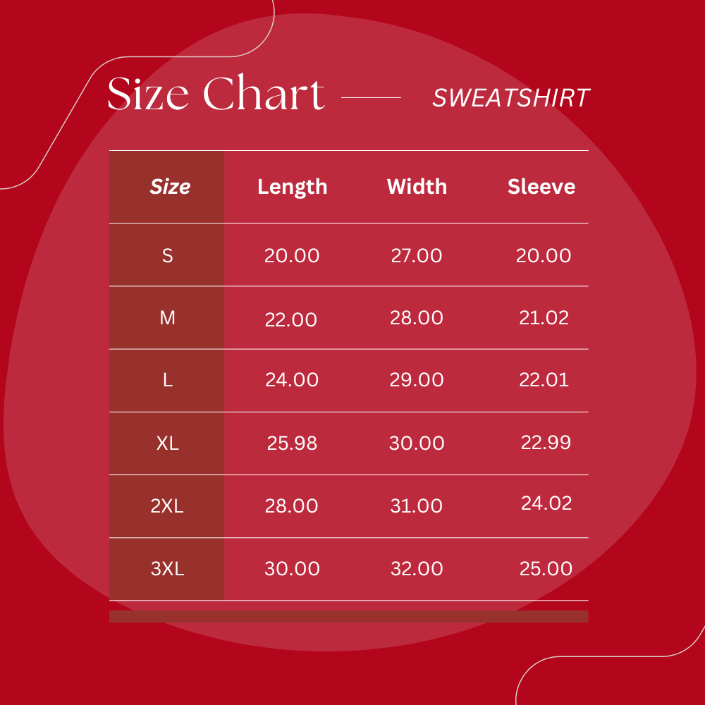 Size chart for sweatshirts on a red background