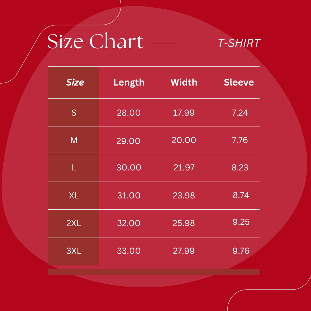 Size chart for t-shirts on a red background