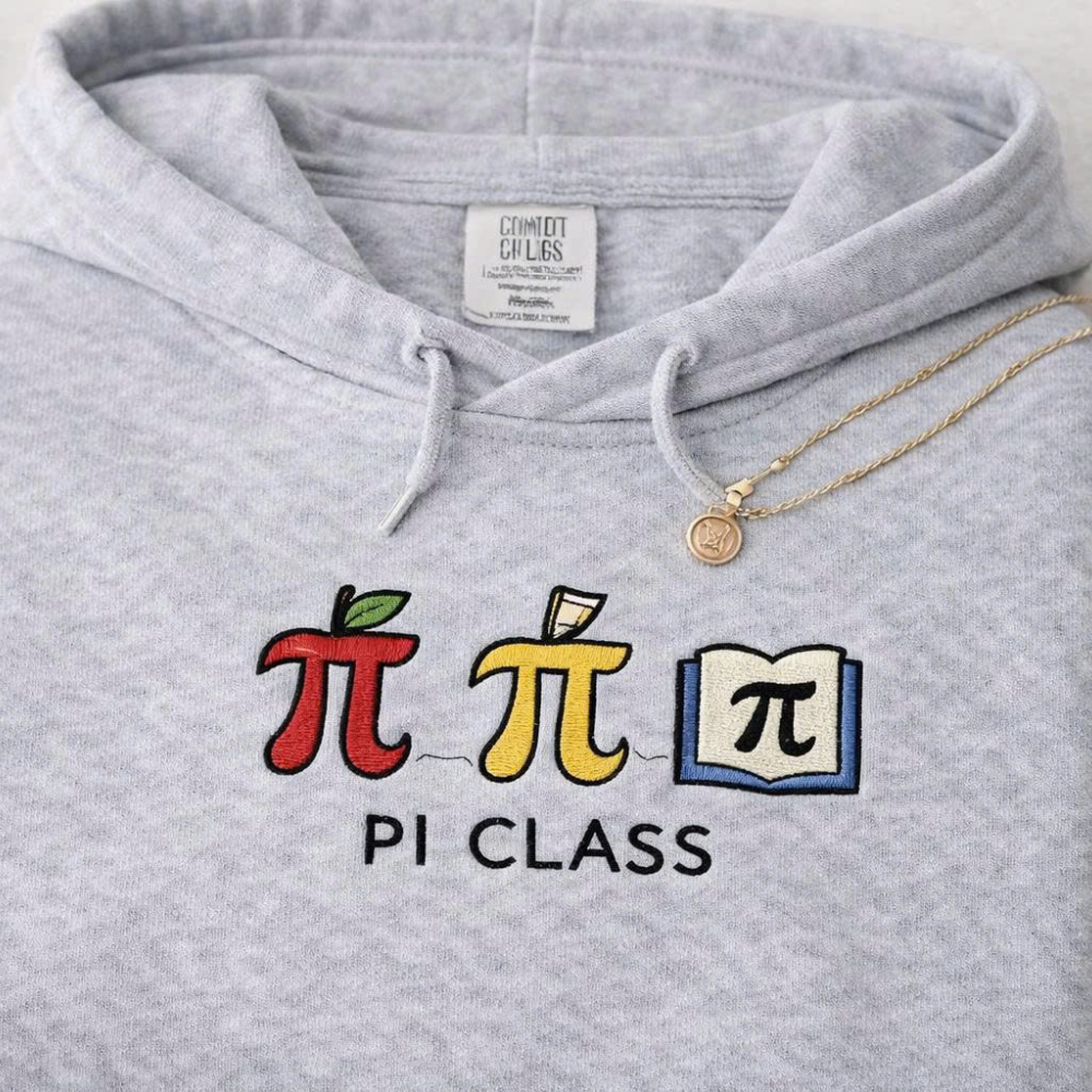 Gray hoodie with 'PI CLASS' design featuring symbols and text on a plain background