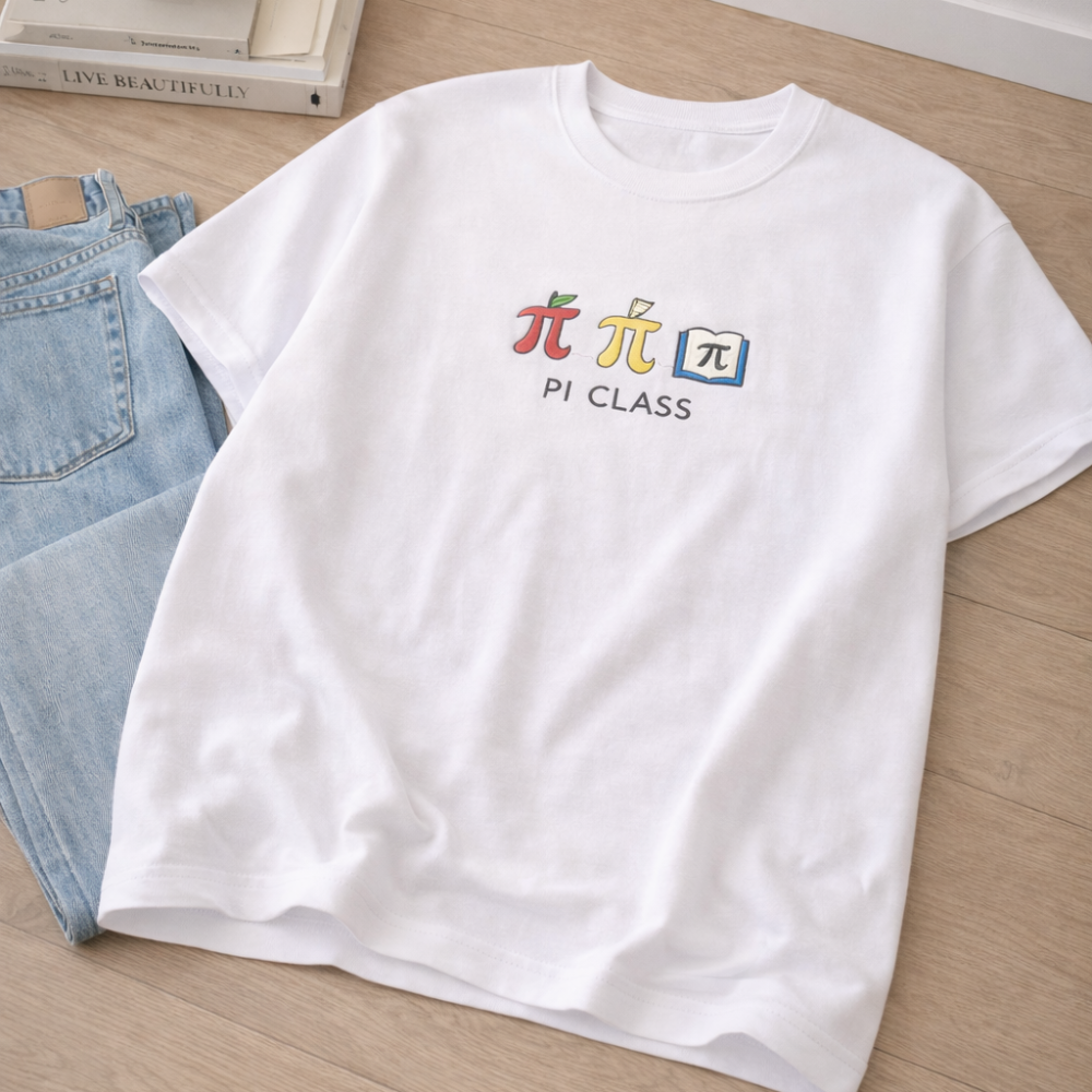 White t-shirt with colorful 'PI CLASS' design on a wooden surface next to denim overalls.