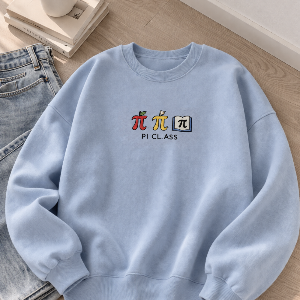 Light blue sweatshirt with colorful design and text on a wooden floor.