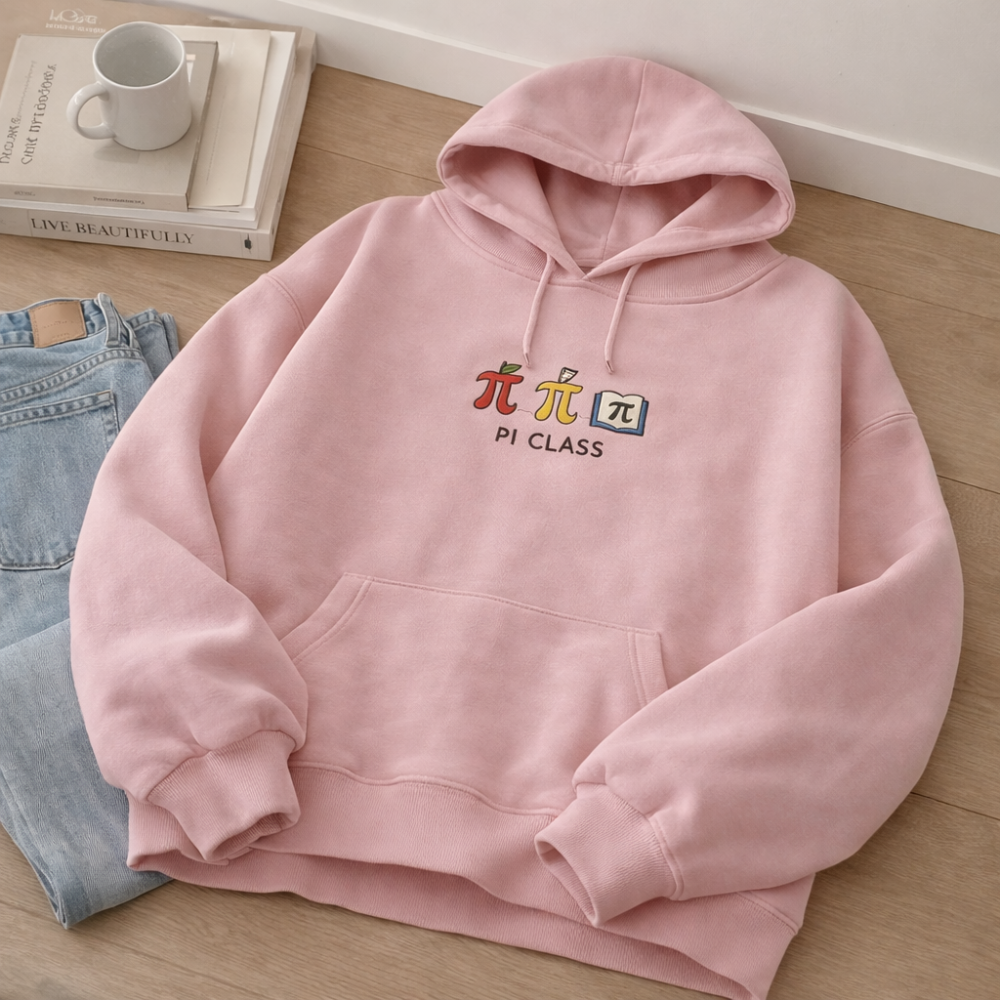 Pink hoodie with 'PI CLASS' text and symbols on a wooden floor.