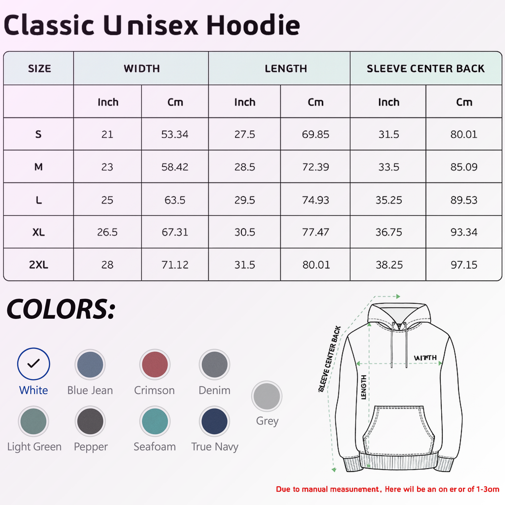 Size chart and color options for a classic unisex hoodie with measurements and color swatches.