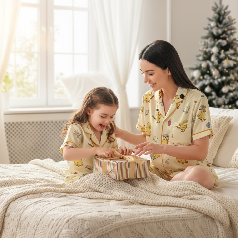 Woman and child in matching pajamas features an adorable “scholar ducky” theme opening a gift box on a bed with a Christmas tree in the background.