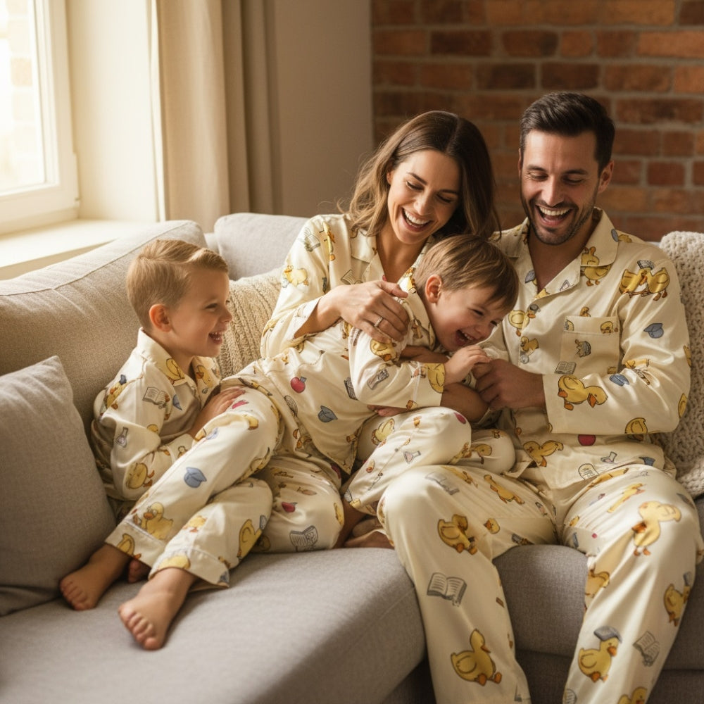 Family of four in matching pajamas features an adorable “scholar ducky” theme sitting on a couch in a cozy living room.