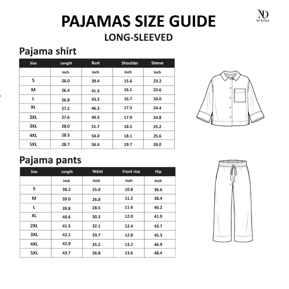 Size guide for long-sleeved pajama shirt and pants with measurements for Teacher Lounge Yellow Scholar Ducky Pajama Set